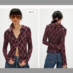 Free People Black and Pink Diamond-Print Button Down Top